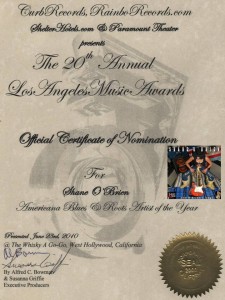 "20th Los Angeles Music Awards 2010 Nomination for Shane O'Brien"
